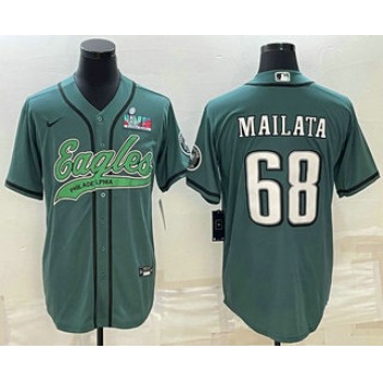 Men's Philadelphia Eagles #68 Jordan Mailata Green With Super Bowl LVII Patch Cool Base Stitched Baseball Jersey