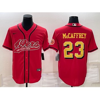Men's San Francisco 49ers #23 Christian McCaffrey Red Gold With Patch Cool Base Stitched Baseball Jersey