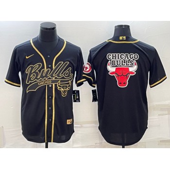 Men's Chicago Bulls Black Gold Team Big Logo With Patch Cool Base Stitched Baseball Jersey
