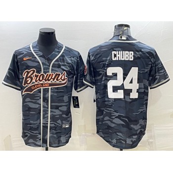 Men's Cleveland Browns #24 Nick Chubb Grey Camo With Patch Cool Base Stitched Baseball Jersey