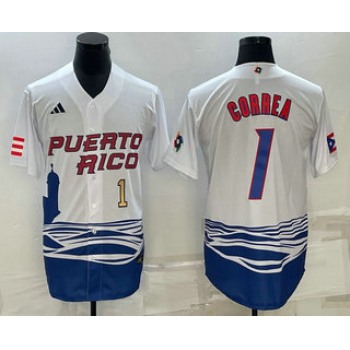 Men's Puerto Rico Baseball #1 Carlos Correa Number White 2023 World Baseball Classic Stitched Jerseys