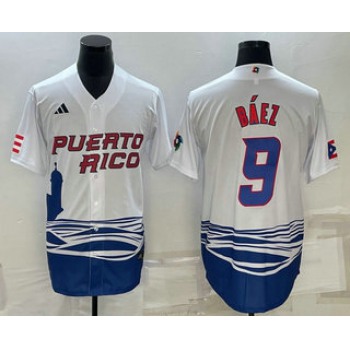 Men's Puerto Rico Baseball #9 Javier Baez White 2023 World Baseball Classic Stitched Jersey