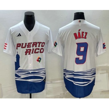 Men's Puerto Rico Baseball #9 Javier Baez White 2023 World Baseball Classic Stitched Jerseys