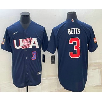 Men's USA Baseball #3 Mookie Betts Number 2023 Navy World Baseball Classic Stitched Jersey