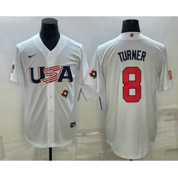 Men's USA Baseball #8 Trea Turner 2023 White World Baseball Classic Stitched Jerseys