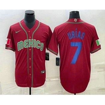 Mens Mexico Baseball #7 Julio Urias 2023 Red Blue World Baseball Classic Stitched Jersey