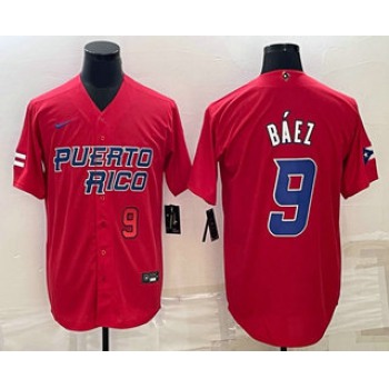 Mens Puerto Rico Baseball #9 Javier Baez Number 2023 Red World Baseball Classic Stitched Jersey