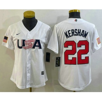 Women's USA Baseball #22 Clayton Kershaw 2023 White World Classic Stitched Jersey