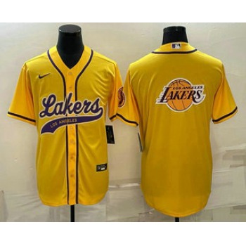 Men's Los Angeles Lakers Yellow Team Big Logo Cool Base Stitched Baseball Jersey