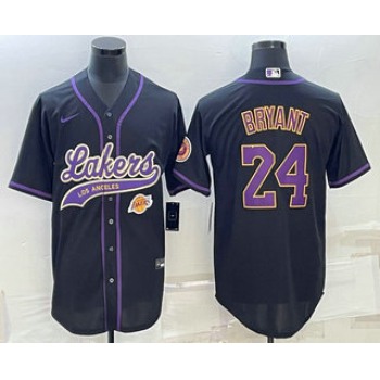 Men's Los Angeles Lakers #24 Kobe Bryant Black With Patch Cool Base Stitched Baseball Jerseys