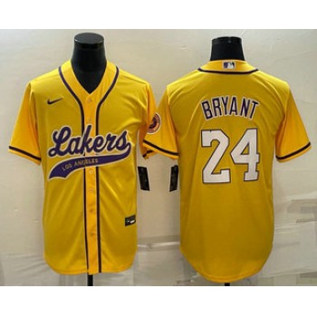 Men's Los Angeles Lakers #24 Kobe Bryant Yellow With Patch Cool Base Stitched Baseball Jersey